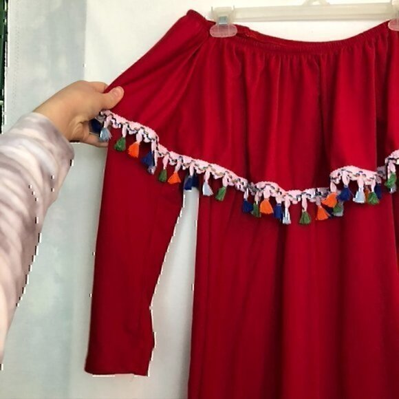 SOL R.H.R Solid Bright Red Fringe Tassel Trim Off the Shoulder Boho Blouse Top S - Picture 3 of 6